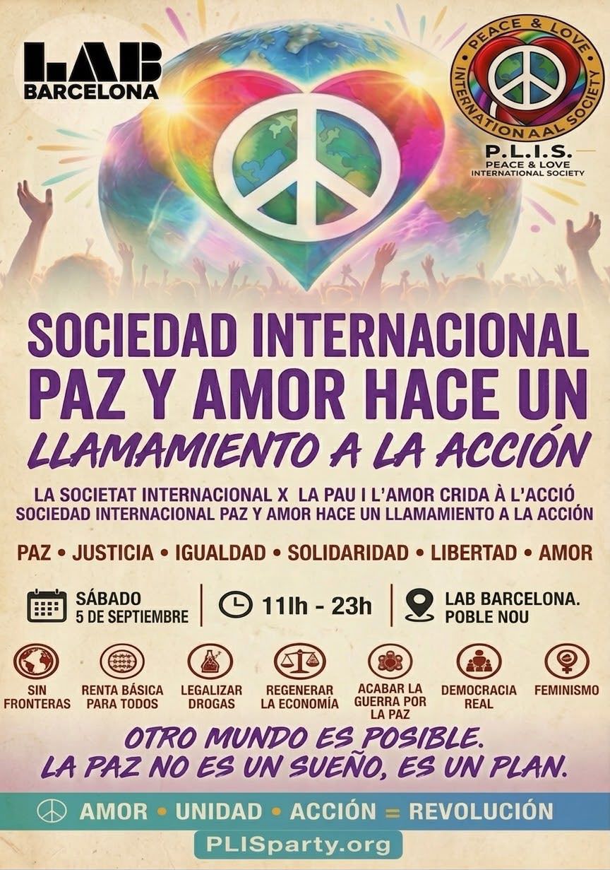 Cartel del evento Sociedad Internacional Paz y Amor en LAB Barcelona