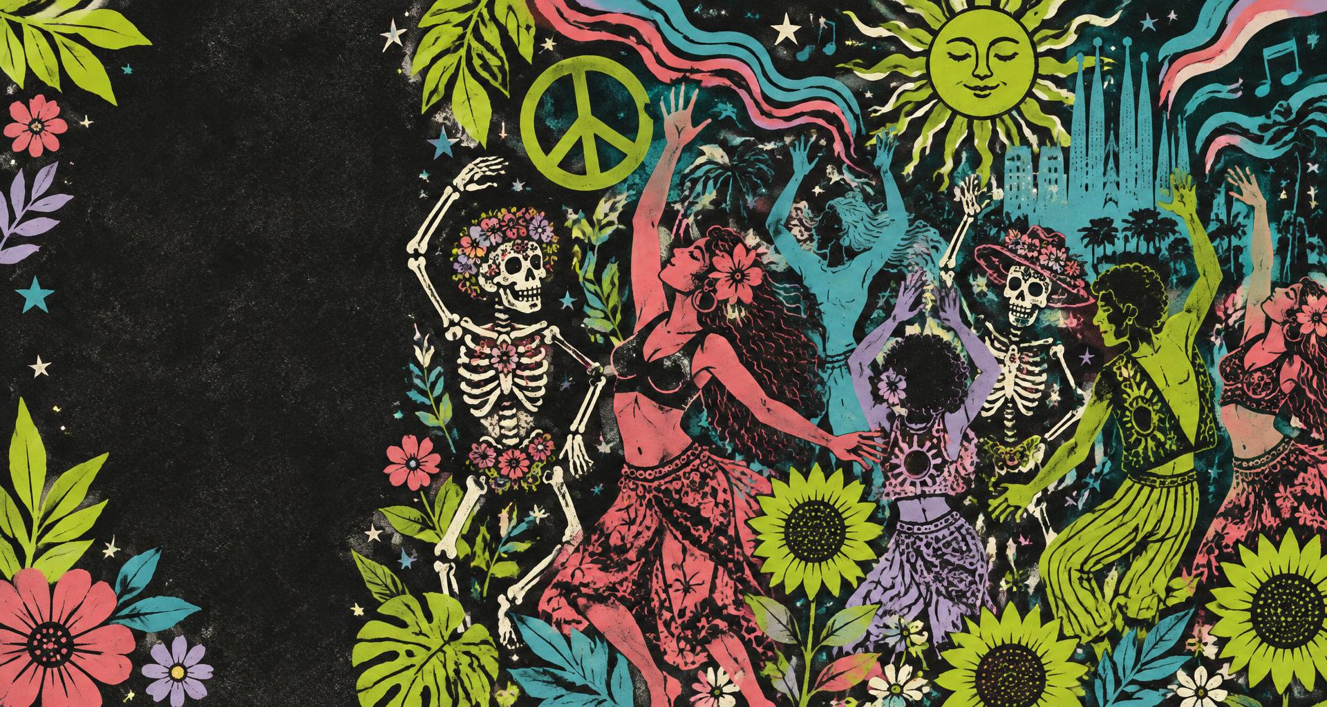 Collage psicodélico de bailarines, flores y símbolos de paz